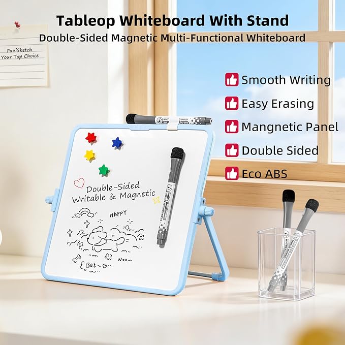 Colorful Dry Erase White Board 9.7x9.7in, Magnetic Desktop Board with Stand, 2 Markers (Eraser Head), 4 Magnets - Double-Sided Easel for Daily Planning, Memo, Office/Home/School (Blue)