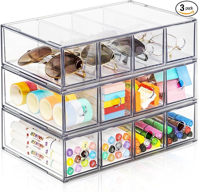 12-Drawer Desk Organizer, 3-Pack Stackable Desktop Storage Box | Clear Sunglasses Organizer, Display Case, Removable Drawers, For Stationery, Markers, Pens, Eyeglasses, Office Supply