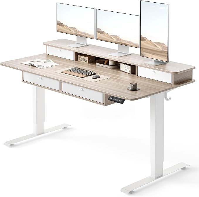 FEZIBO 60 x 30 inch Standing Desk with Drawers, Height Adjustable Electric Workstation, Computer Sit Stand Up Table with Large Storage Shelf 4 Drawers and 2 Hooks, Light Rustic Brown | Height Adjustable Workstation, Computer Sit Stand Up Office Table w...