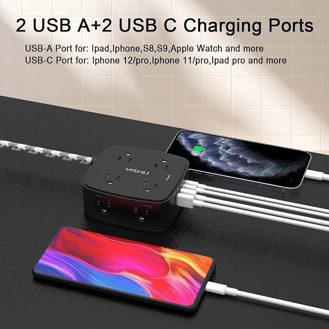 Surge Protector Power Strip - YISHU 8 Outlets with 4 USB (2 USB C) Charging Ports, 6Ft Braided Extension Cord, Flat Plug Multi Plug Outlet Extender Charging Station for Home Office, ETL, Black
