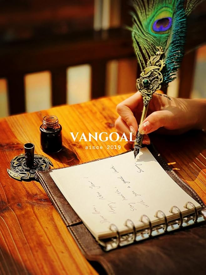 VANGOAL Peacock Feather Pen and Ink Set with Gift Box, Vintage Quill Pen for Writing, Calligraphy Pen Set for Office Supplies, Birthday, Wedding, Christmas Gift (Green - Peacock Feathers)
