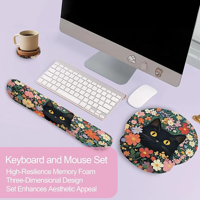 Cute Black Cat Flower Mouse Pad with Wrist Rest Set, 3-in-1 Wrist Support Mousepad Set, Gaming Mat Pad with Anti-Skid Base,Ergonomic Memory Foam Mouse Pad Set for Women, Office, Typing, Gaming