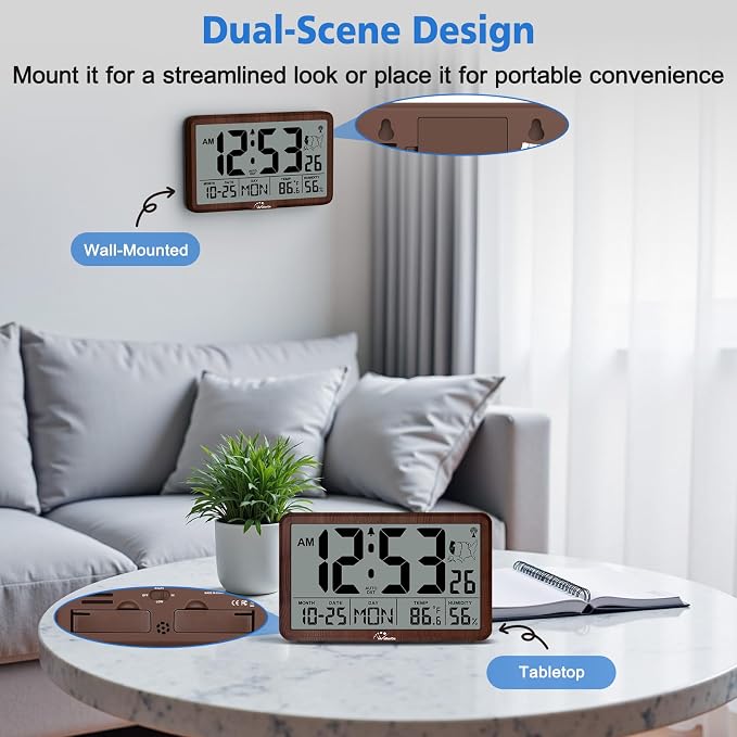 WallarGe Atomic Wall Clock with Backlight, Battery Operated | Large Digital Display, Indoor Temperature, Humidity, Date, AUTO DST, 6 Time Zones