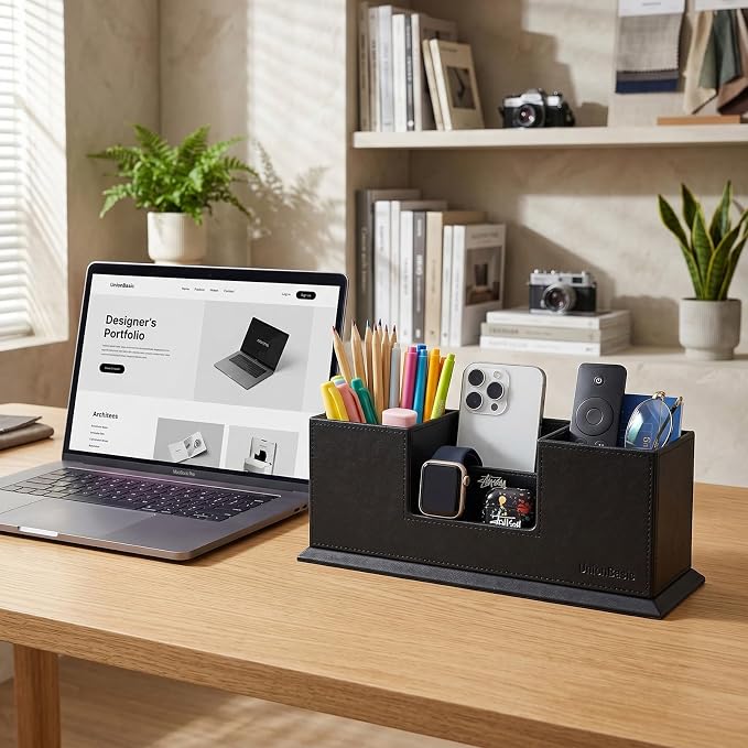 UnionBasic Desk Organizer, Desktop Caddy Leather Multi-compartment Pen Holder Office Stationer Organizer, Black