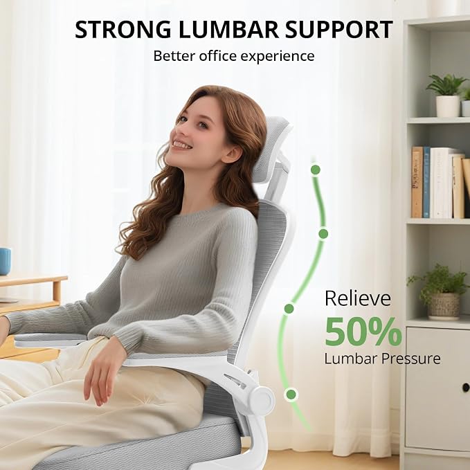 Synorla Office Chair Ergonomic Desk Chair, 330LBS Capacity, High Back Computer Design for Long Hours Comfort, Rolling Swivel for Home Office, Flip-up Armrests, White+Grey