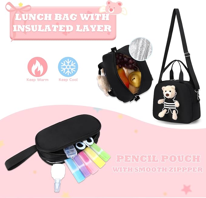 ACESAK School Backpack for Girls - 3 PCS Cute Girls Backpack with Lunch Box & Pencil Case - Kawaii Casual Kids Bookbag School Bag Daypacks Set for Elementary Middle High School Student Teens (Black)