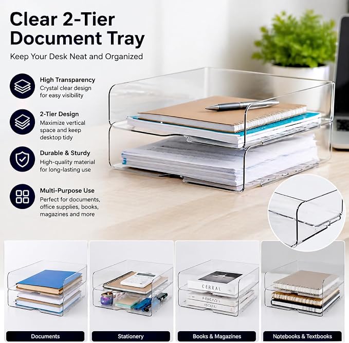 DCA 2 Tier Desk Organizer, Clear Paper Tray File Organizer | Stackable Letter Tray | Office, Home & School | Large Capacity