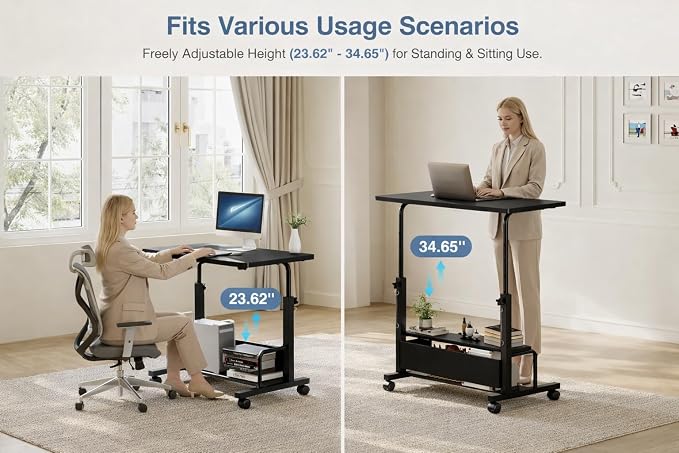 Simple Deluxe 31.5" Manual Standing Desk, Height Adjustable Mobile Computer Desk with Lockable Wheels & 2-Tier Storage, Rolling Laptop Table for Small Spaces & Home Office, Black