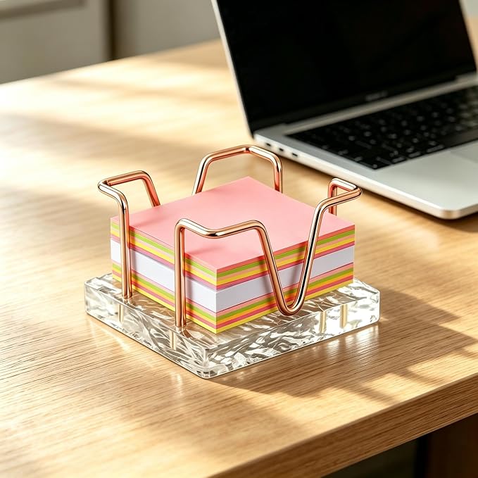 Sticky Note Holder, 3 x 3 inch Self Stick Note Pad Holder, Post It Note Dispenser Desk Accessories for School and Office Desk Organizer, Rose Gold & Clear Acrylic