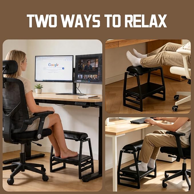 Adjustable Double Step Footrest Under Desk,9-Angle Double Step Foot Stool for Office & Home, Ergonomic Foot Support with Non-Slip Pads - Black