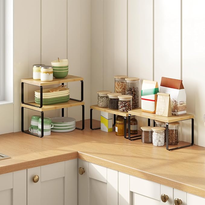 HOOBRO Cabinet Organizer Shelf, Set of 2 Kitchen Counter Shelves, Expandable Kitchen Storage, Stackable Bamboo Spice Rack, for Kitchen, Countertop, Office Desk, Bathroom, Natural and Black YB30TL01