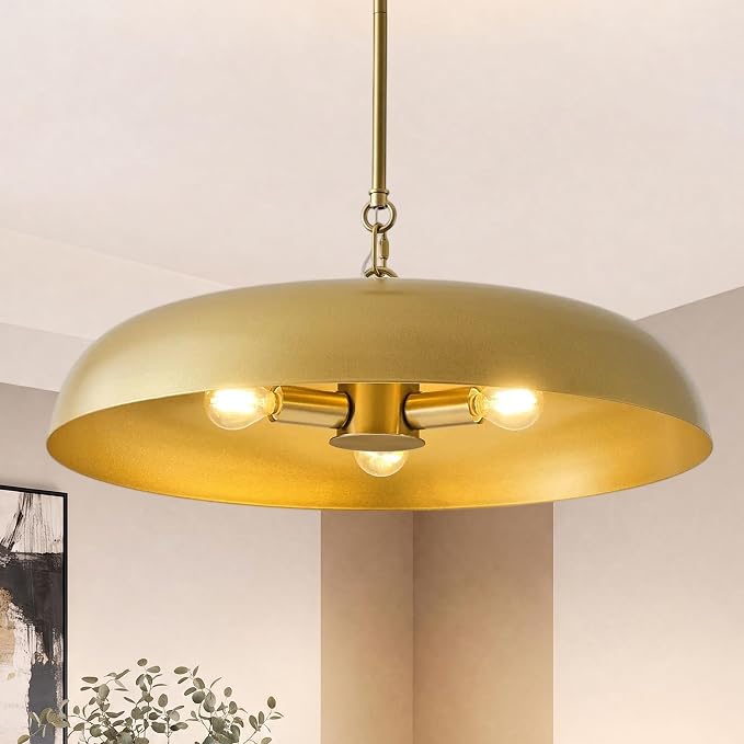 Large Pendant Lights Kitchen Island 20.4in, Gold Dining Room Fixture | 3-light hanging dome chandelier, modern all-metal frame, adjustable 18-54in downrod, E12 40W base, for over table bar cafe