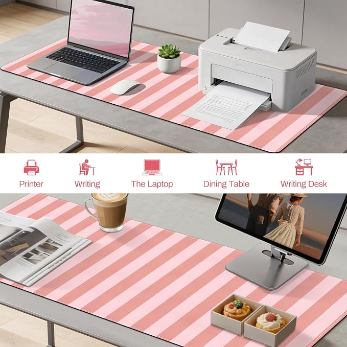 Leather Desk Pad Protector,Orange Striped Office Desk Mat, Large Mouse Pad PU Leather Desk Blotter, Waterproof Laptop Desk Writing Pad Computer Keyboard Pad for Office Home