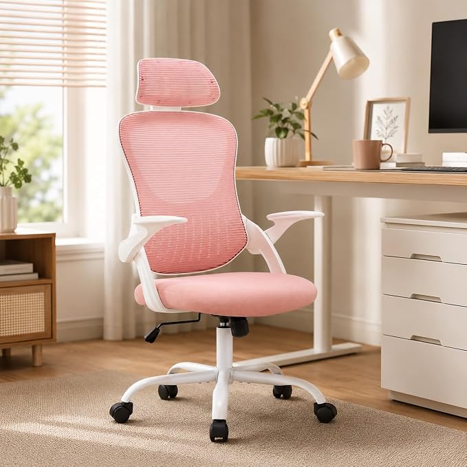 Pink Ergonomic Office Chair, High Back Mesh Desk Chair with Adjustable Headrest Lumbar Support, Computer Chairs with Flip-up Armrests and Thickened Cushion for Adults Home Office, 360° Swivel