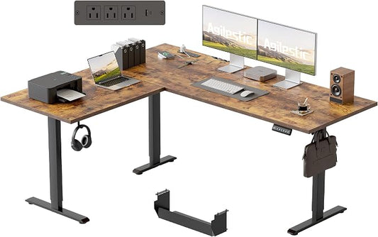 Agilestic Electric L Shaped Standing Desk 63 x 55 Inch with Power Outlet, Height Adjustable Corner Stand up Desk with Cable Management,Sit Stand Home Office Workstation with Splice Board, Rustic Brown