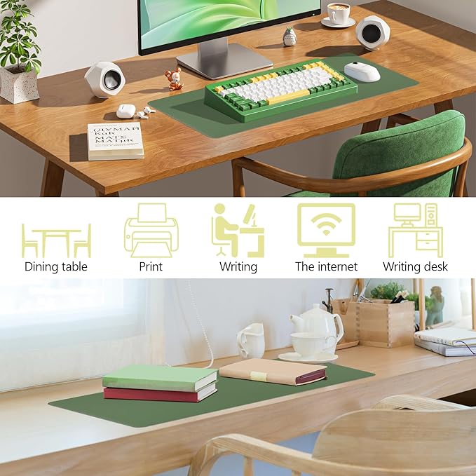 Green Desk Mat, Leather Desk Pad Protector, Non-Slip Office Computer Mat, Waterproof Desktop Mat for Keyboard and Mouse, Green Desk Accessories for Women, 23.6"x13.7"