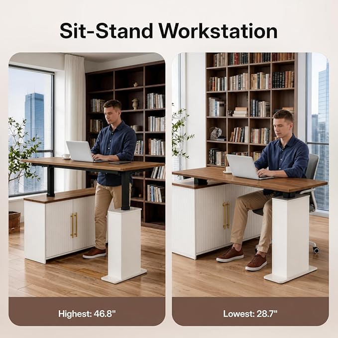 NORTHSKY 55" L Shaped Electric Standing Desk with Drawers and Storage Cabinet, Adjustable Height Corner Desk for Home Office, Brown Wood Grain and Distressed White Fluted Design