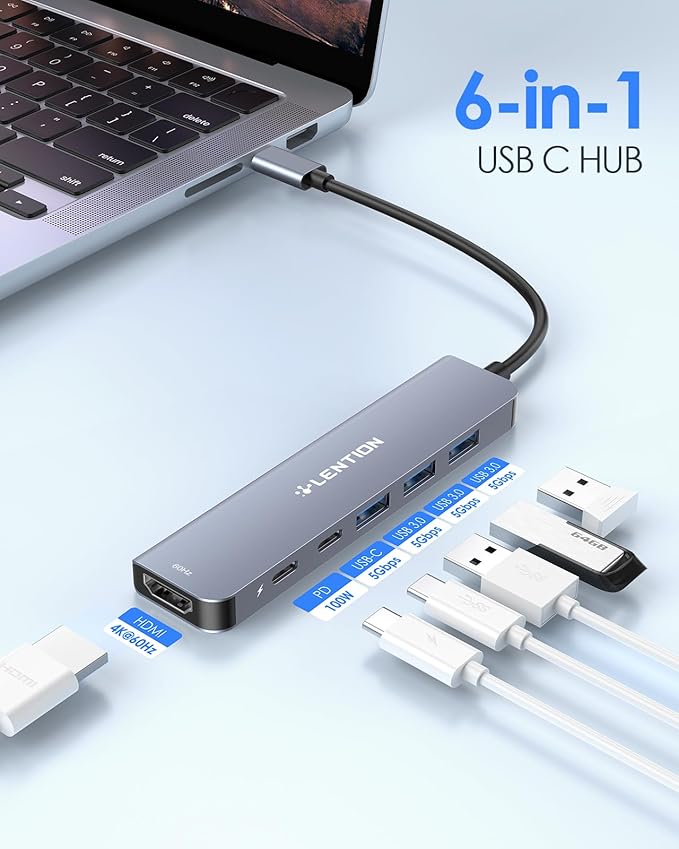 LENTION USB C Hub, Multiport with 4K@60Hz HDMI, 3xUSB-A Ports, USB-C Data Port, 100W PD Port, Compatible New MacBook Pro/Air, iPhone 17 Pro/Pro Max, Surface, Chromebook, More(CE35p, Gray)