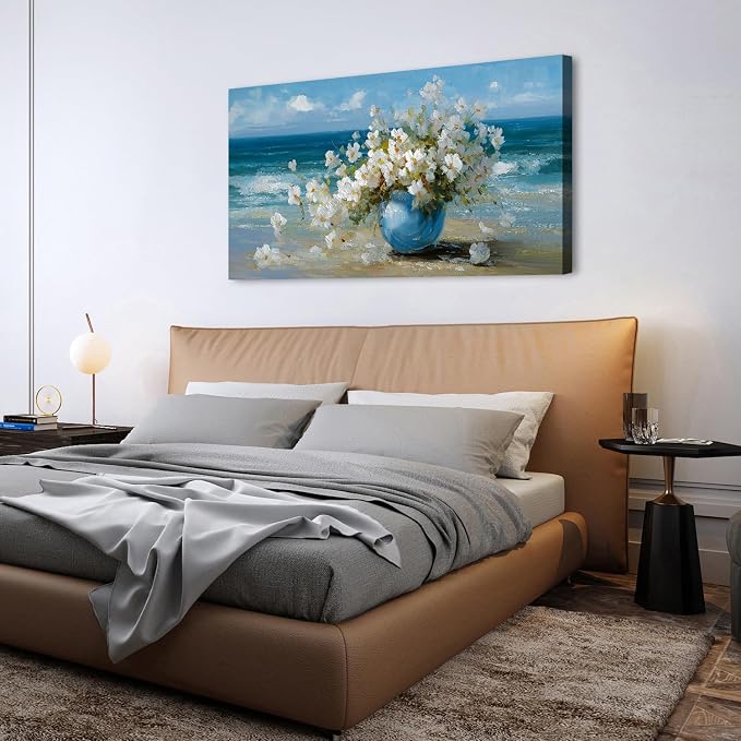 AIYISU Vintage Flowers Canvas Wall Art White Blossom Painting Retro Flowers in Blue Vase Pictures Blue Ocean Coastal Landscape Prints Poster Floral Artwork for Bathroom Bedroom Home Decoration 30x60