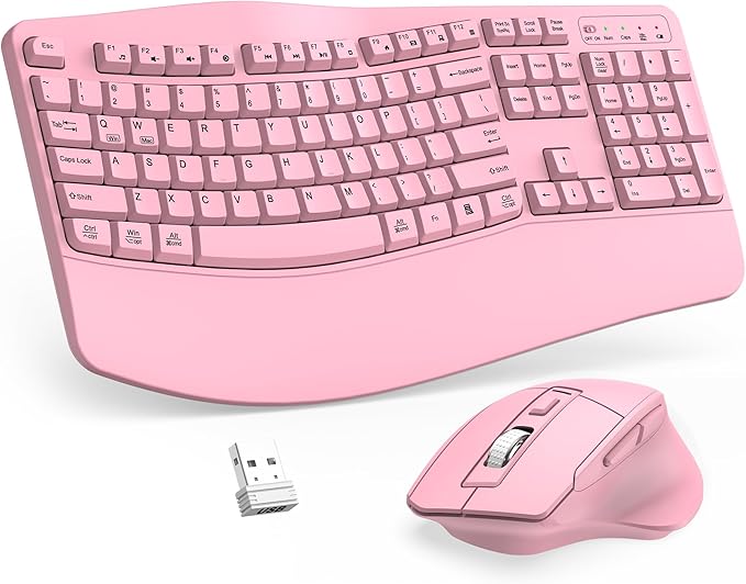 Wireless Keyboard and Mouse Combo, 2.4G Full Size Wave Keys Ergonomic Keyboard with Wrist Rest and 3-Level DPI Adjustable Wireless Ergonomic Mouse for Windows, Mac OS Desktop/Laptop/PC(Pink)