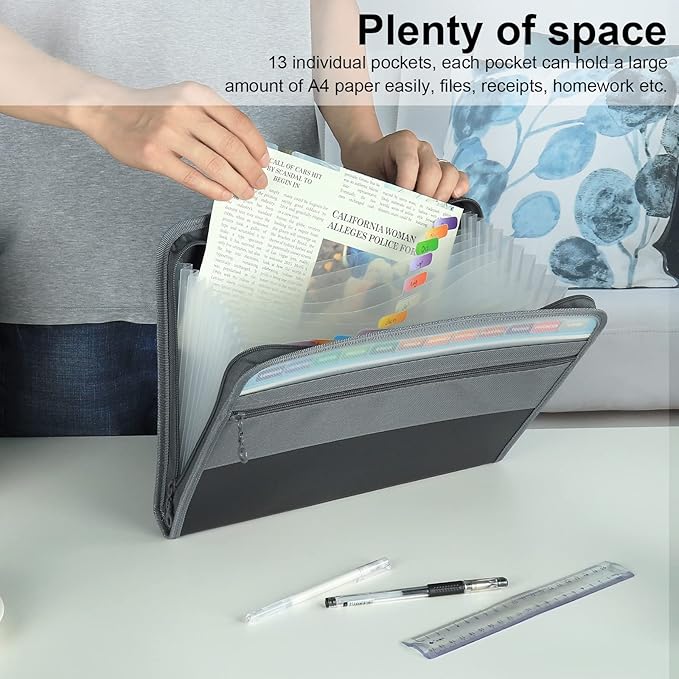 NAFY Expanding File Folders, 13 Pockets Document Organizer with Zipper, A4 Letter Size Portable Accordion Expanding File Folders with Multicolor Labels for Home Office School Supplies (Black 4 Pack)