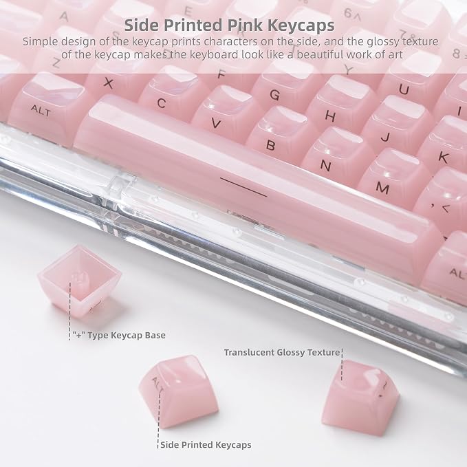 Womier Keycaps Jelly Pink, Ceramic Keycaps Style, Clear Shine Through Keyboard Key Cap Side Printed Custom 60 65 75 100 Percent for Cherry MX, Outemu, Gateron Mechanical Keyboards(MDA Profile)