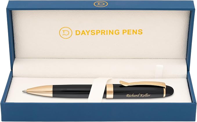 Dayspring Pens Alexandria Black Ballpoint Pen with Gold Trim, Large Barrel, Gold Engraving on Cap, Parker G2 Refill Compatible, Gift for Graduation, Career Advancement, Birthdays
