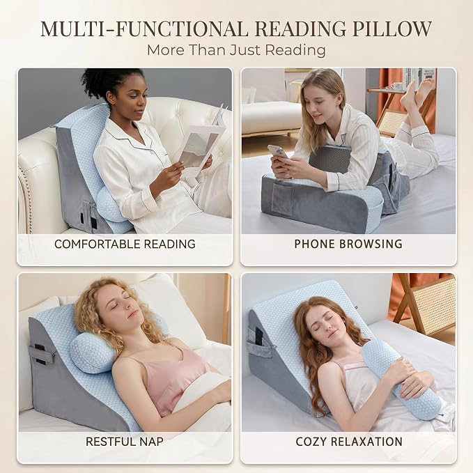Reading Pillow for Adults, Back Pillow for Bed Sitting Up, Backrest Pillow for Sitting in Bed, Detachable Arms with Built-in Cup & Phone Caddy (White Cooling - Polka, 21 INCH)