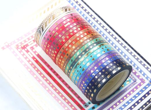 YUBBAEX 24 Rolls Skinny Washi Tape Set Gold Foil Print Decorative Tapes for Arts, DIY Crafts, Journals, Planners, Scrapbooking, Wrapping (Slim 3mm)