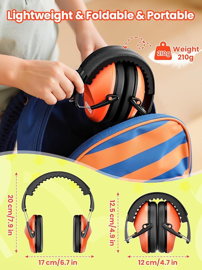 Ear Muffs for Noise Reduction: 27.4SNR Noise Cancelling Headphones for Kids Adults, EM100 Adjustable Hearing Protection Earmuffs for Monster Jam, Autism Sensory, Concerts, Fireworks Orange