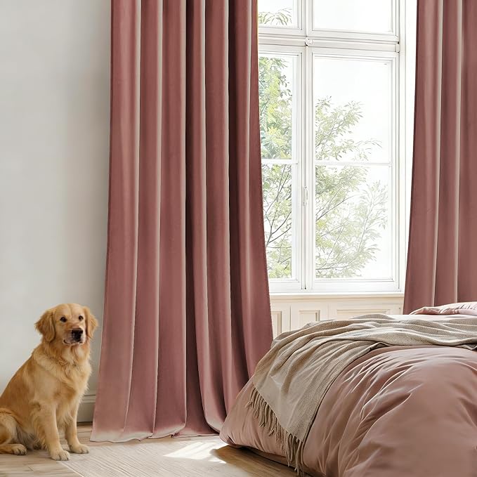 Pink Velvet Curtains for Girls Bedroom, Thermal Insulated Room Darkening Velvet Curtain 84 Inches Long Luxury Window Drapes for Living Room, Back Tab Rod Pocket, Dusty Rose, W52 x L84, 2 Panels