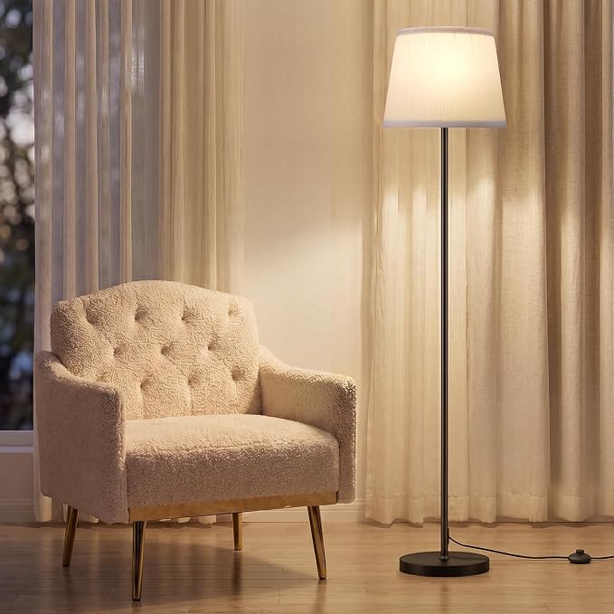 Ambimall 60'' Modern Floor Lamp with Shade, Tall Lamps for Living Room, Bedroom, Office, Dining Room, Pleated Fabric White Lampshade(Without Bulb)