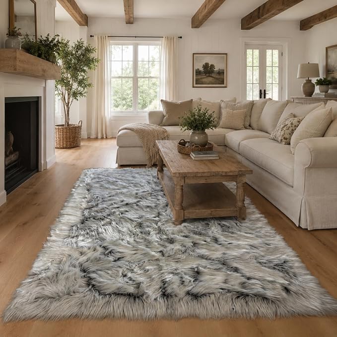 EasyJoy Faux Sheepskin Rug, Fluffy Faux Fur Rug, Ultra Soft Shag Area Rug with Non-Slip Backing for Bedroom, Living Room, Nursery, Kids Room(4 x 6 ft Rectangle, Frosted Bottom Gray)