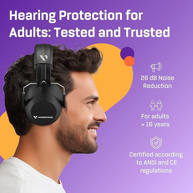 Vanderfields - Hearing Protection Ear Muffs - Over 33 dB (2K Hz) Broad Noise Cancelling Sound Reduction - Adults & Teens