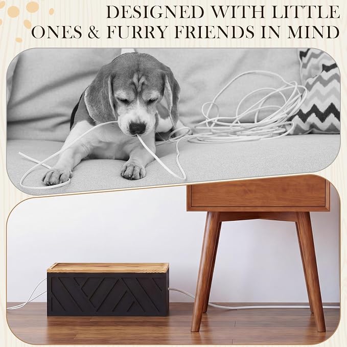 Decorative Cable Management Box, Large Wooden Cord Hider Box for Desk Floor Office, Cord Organizer to Hide Power Strips, Extension Cords, Chargers and Wires, Black