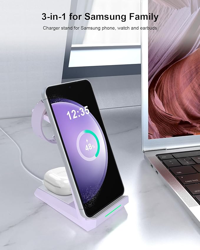 Wireless Charger for Samsung Charging Station, ADADPU 3 in 1 Charging Station for Multiple Devices Dock for Samsung Galaxy S25 S24 Ultra S23 S22 S21 Z Flip/Fold 5, Galaxy Watch 7/6/5/4/3/Buds (Purple)