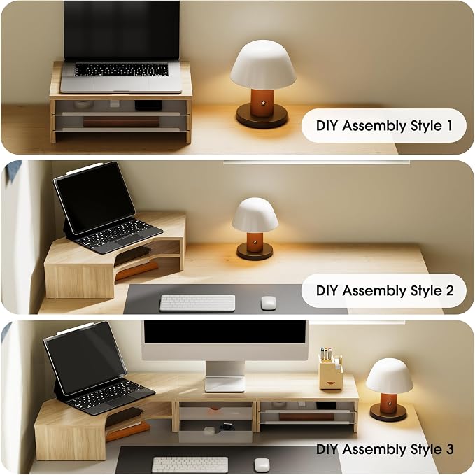 Fenge Dual Monitor Stand, Corner Desk Shelf with Drawer & Slide-Out Tray | Modular Design for Flexible Layouts, 2-Tier Storage Desktop Organizer for Computer, Laptop, Printer and Telephone