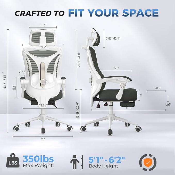 Ergonomic Office Chair with Footrest - Adjustable Lumbar Support & Headrest, 90-160° Reclining Mesh Back Computer Chair - Home Office/Gaming, 330lbs Capacity