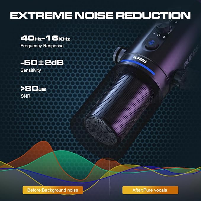 PUPGSIS XLR/USB Podcast Microphone, Gaming Mic with Mute Button, Reverb Effects, Noise Cancellation, Boom Arm Stand, Headphones Jack, Dynamic Microphone for Streaming/Recording/Gaming/Vocal-Black
