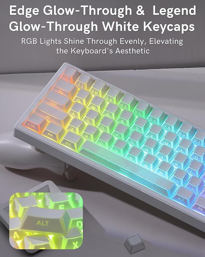 Keymatic Keycaps- Cherry Profile Keycap, Clear White Key Cap,Side Engraved Clear Edge Backlit Custom 60 65 75 100 Percent for Cherry MX, Outemu, Gateron Mechanical Keyboards