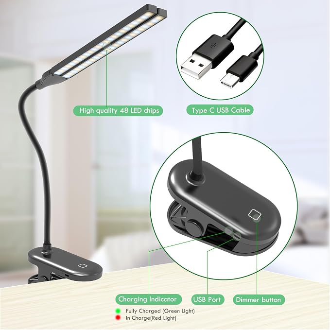 LED Reading Light with Clip, Desk Lamp 48 LEDs 2600mAh Battery USB Rechargeable Book Lights Stepless Adjustable Brightness Eye Protection Table Lamps for Bed Headboard, Home, Office - Black