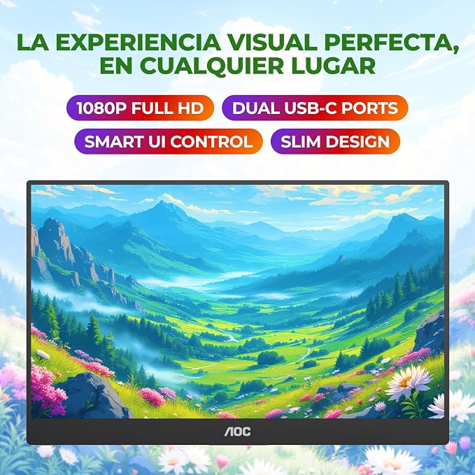 AOC 16T20 Portable Monitor 15.6" FHD 1080p IPS Display, USB-C x2, Mini HDMI, Built-in Speakers, Travel Monitor with Smart Cover, Compatible with Laptops, MacBook, Gaming Console Ready
