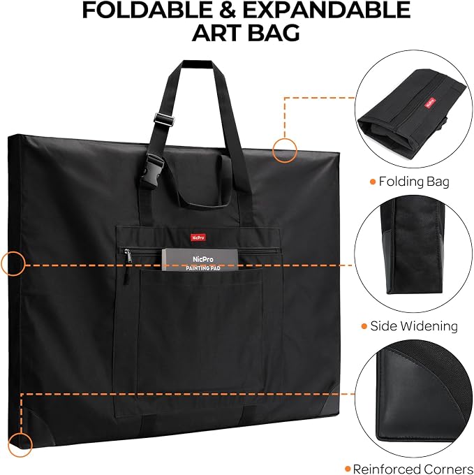 Nicpro Large Size Art Portfolio Case, Artist Portfolio Tote Bag with Leather Corners & Side Widening, Waterproof Storage Portfolio Folder with 3 Pockets for 24'' x 36'' Poster Canvas Sketching Drawing