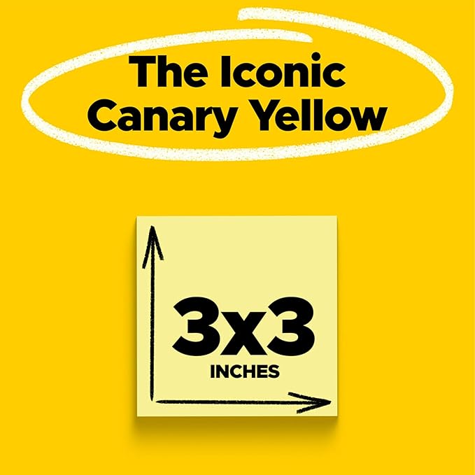 Post-it 100% Recycled Paper Super Sticky Notes, Canary Yellow, 3 in. x 3 in., 5 Sticky Note Pads, 70 Sheets per Pad, New Year Organization or Second Semester School Supplies