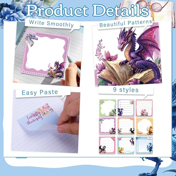 Dragon Sticky Notes Gifts, 9 Pack Cute Dragon Notepads 3x3 Inch Gifts for Students Coworkers, Funny Self-Stick Memo Pad Office School Supplies for Men Women (450 Sheets)