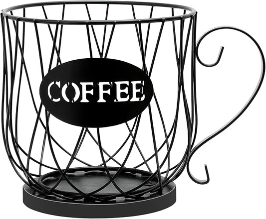 Coffee Pod Holder Organizer, Large Capacity K Cup Holder Organizer, Storage Basket for Kitchen Countertop Office Coffee Bar with Wooden Base(Rustic Black-Round)