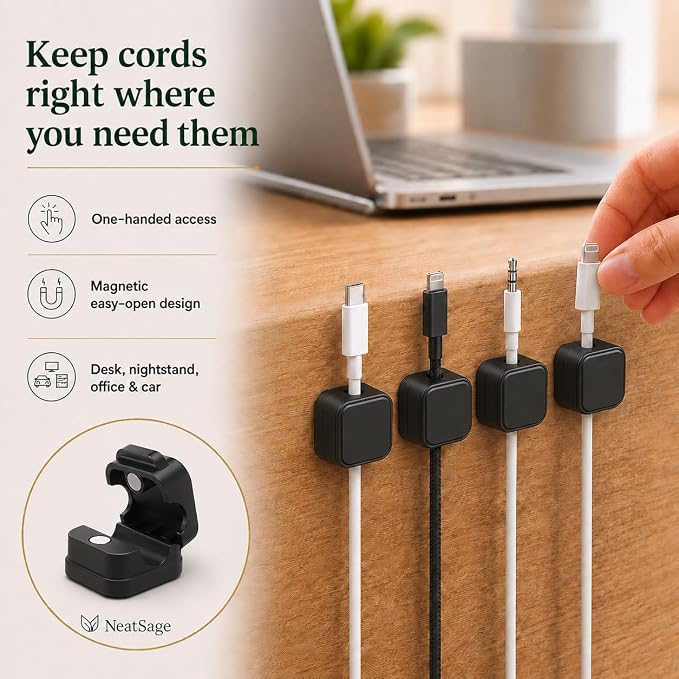 Magnetic Cable Clips, 12 Pack Self Adhesive Cord Organizer Holders for Desk, Nightstand, Office & Car, Cable Management for Charging Cords, USB Cables & Headphones Black or White (White)