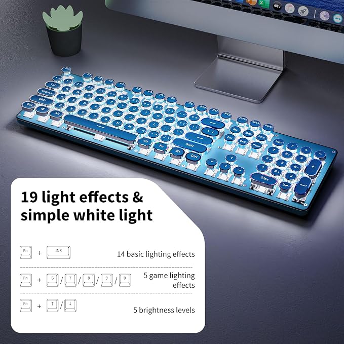 SEUNKWANG EWEADN TK950 Typewriter Keyboard Wireless Mechanical Keyboard, 104 Keys Aesthetic Typewriter Keyboards with White Backlit, Anti-Ghosting, Blue Switch Bluetooth/2.4GHz/Wired Keyboards-Blue