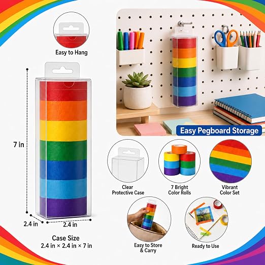 Colored Masking Tape 1 Inch, Colored Tape Rolls, Painters Tape for Kids, Colorful Tape for Crafts, Writable & Removable, 7 Colors in Clear Hanging Case.