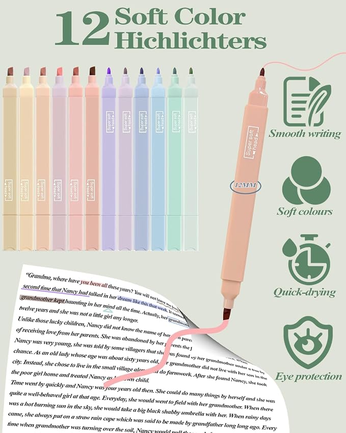 JIZHIYUAN 54PCS Aesthetic Office Supplies with Large Pencil Case,12 Pastel Highlighters,5 Black & 6 Color Ink Gel Pens, 6-in-1 Ballpoint Pen,5 Mechanical Pencils 0.5-2.0mm Stationary Set(Green)